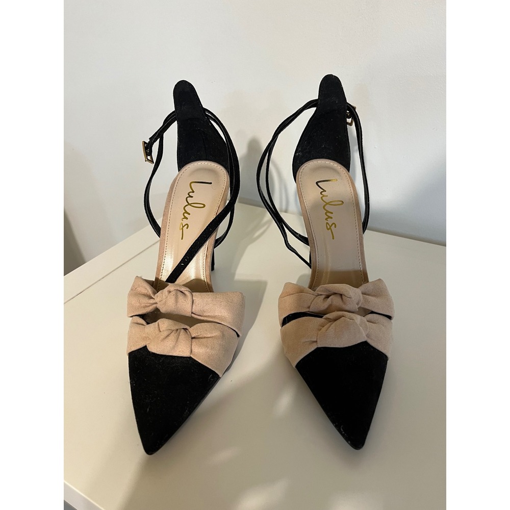 Lulus Black Tan Suede Bow Pointed Toe Ankle Strap Stiletto Heels Pumps Womens 6